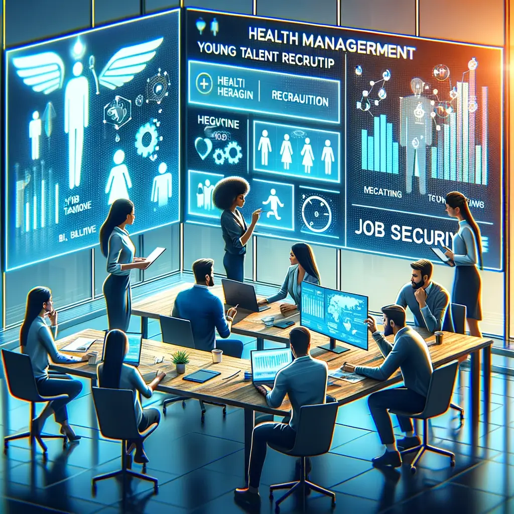 DALL·E 2024 03 12 11.16.36 Create an image depicting a management team focused on health management young talent recruitment and job security. Visualize a modern office enviro