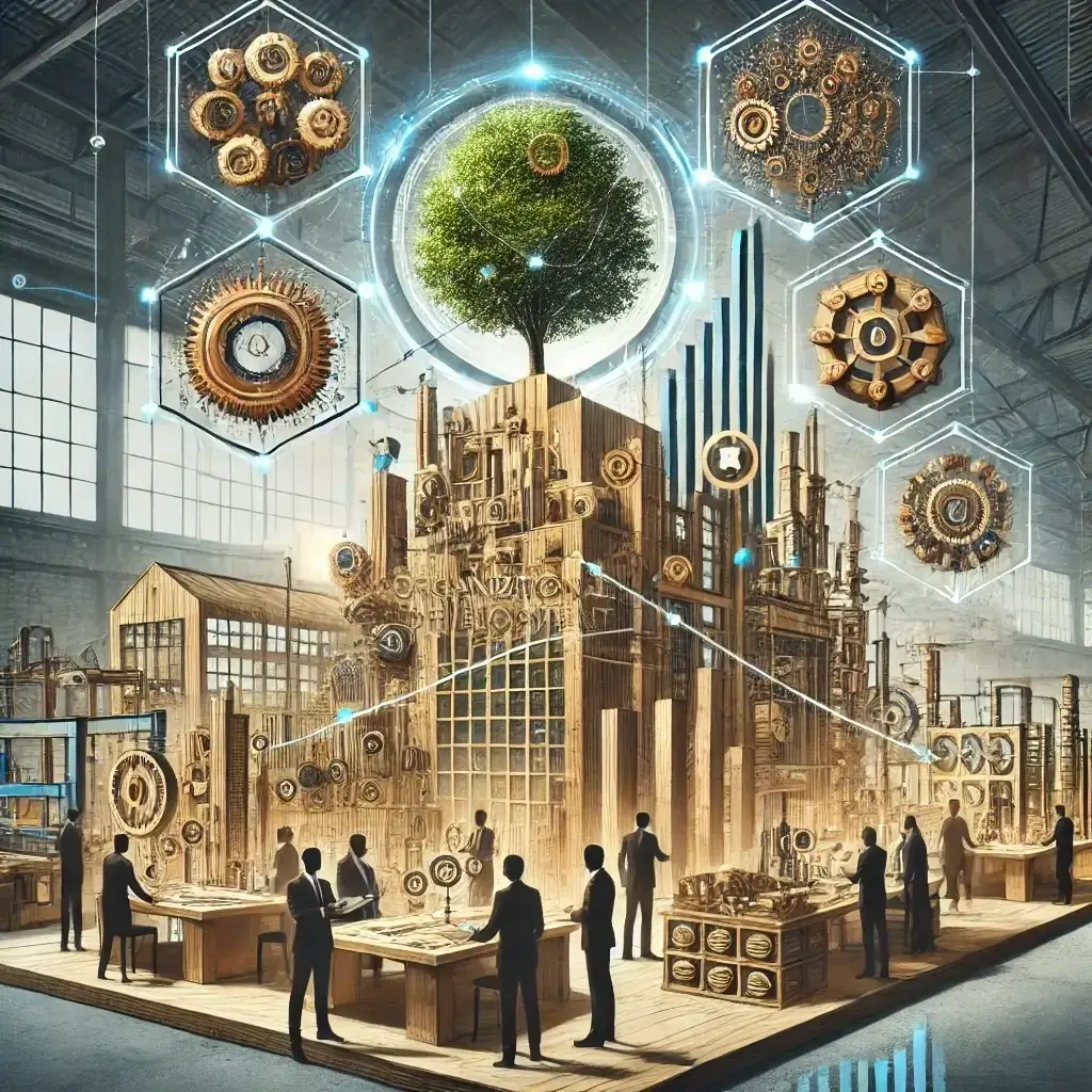 DALL·E 2024 07 02 12.02.24 A dynamic and sustainable woodworking company demonstrating holistic organizational development. The image should illustrate growth and competitivenes 1