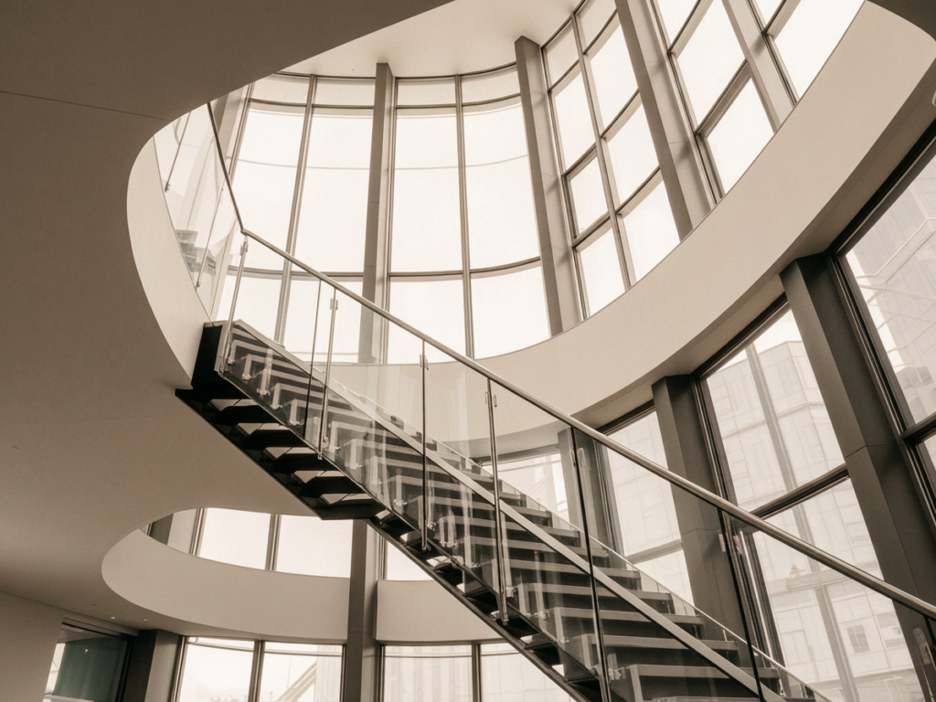 Architekturdetail einer Glas- und Stahltreppe