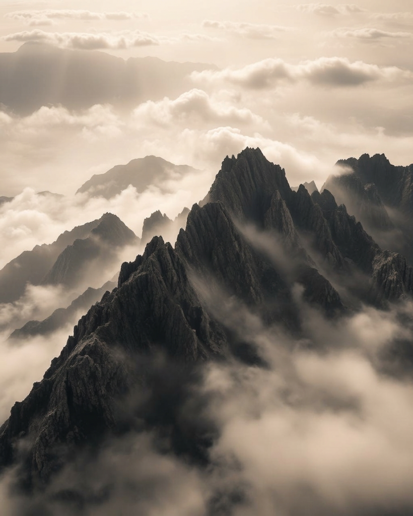 Sieben Berggipfel im Nebel